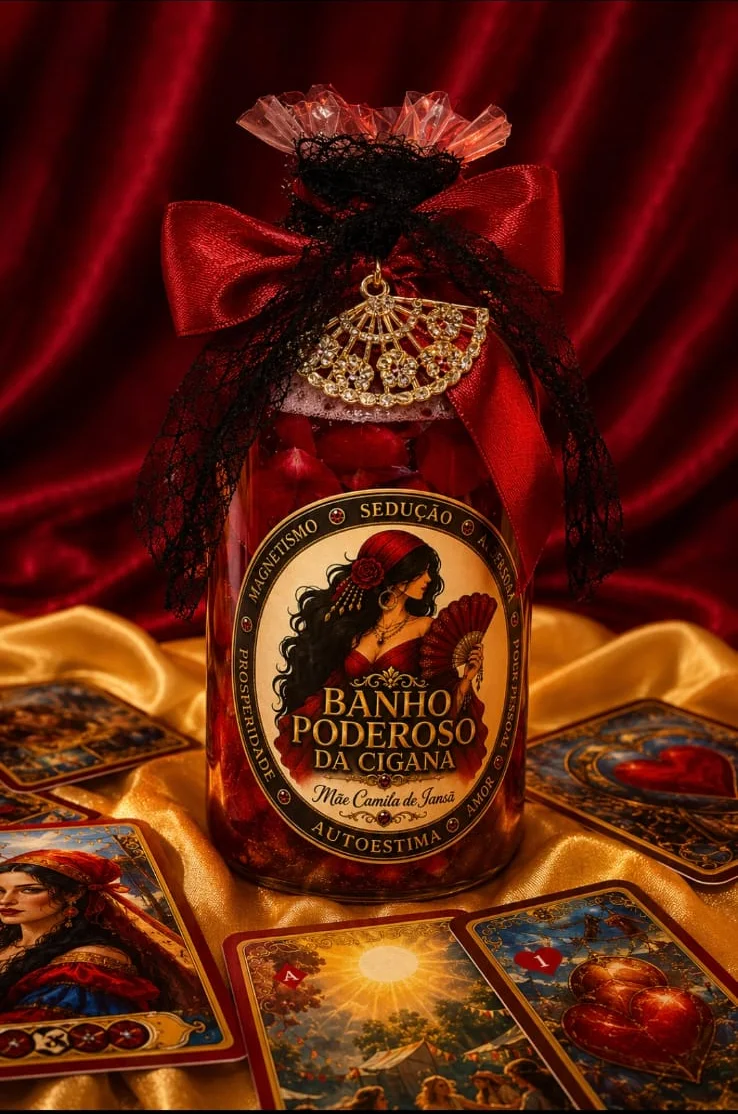 Frasco do Banho Poderoso da Cigana sobre tecido dourado, cercado por cartas ciganas